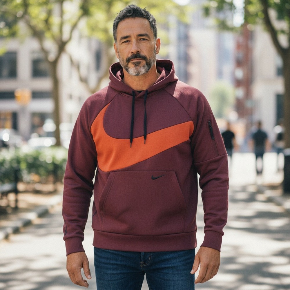 Nike Therma-FIT Hoodie Mens M Burgundy Oversized Swoosh‎ Pullover